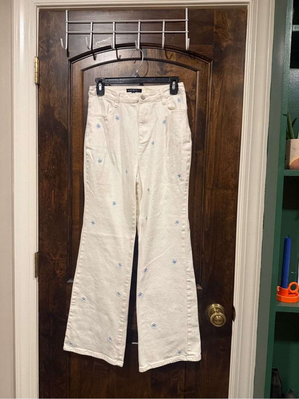 Blue Blush White Jeans with Light Blue Embroidered Flowers
